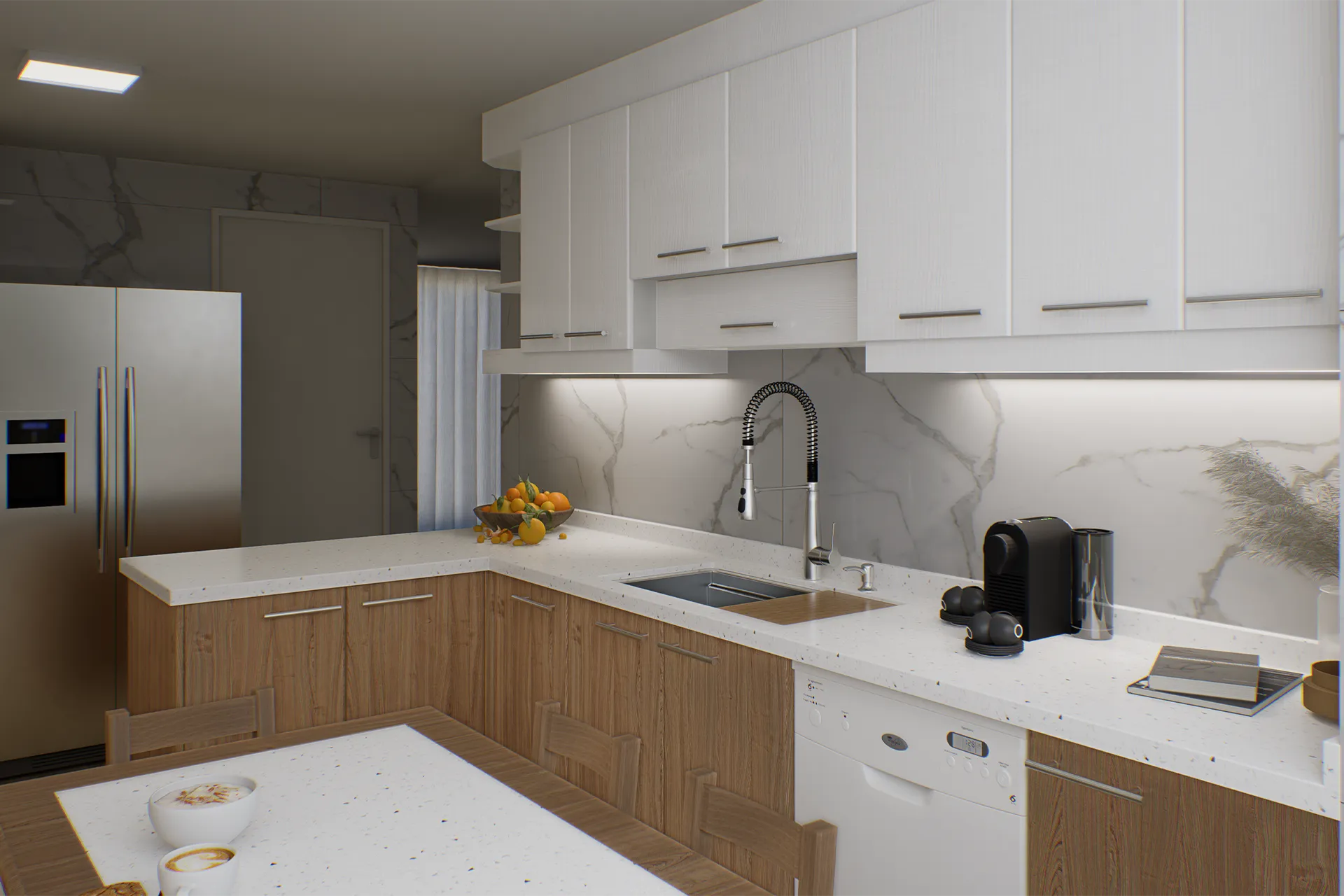 Cocina en L con muebles blancos y superiores a medida, Cocina La Quebrada