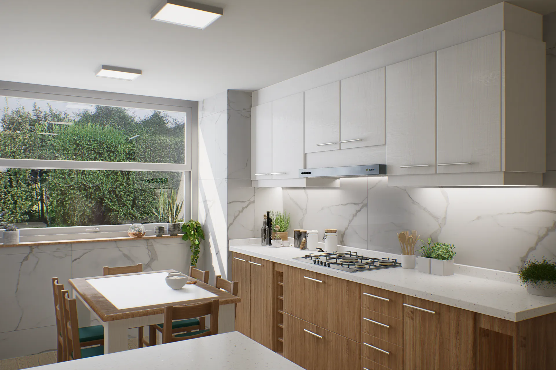 Encimera de cuarzo con vista al jardín, Cocina La Quebrada
