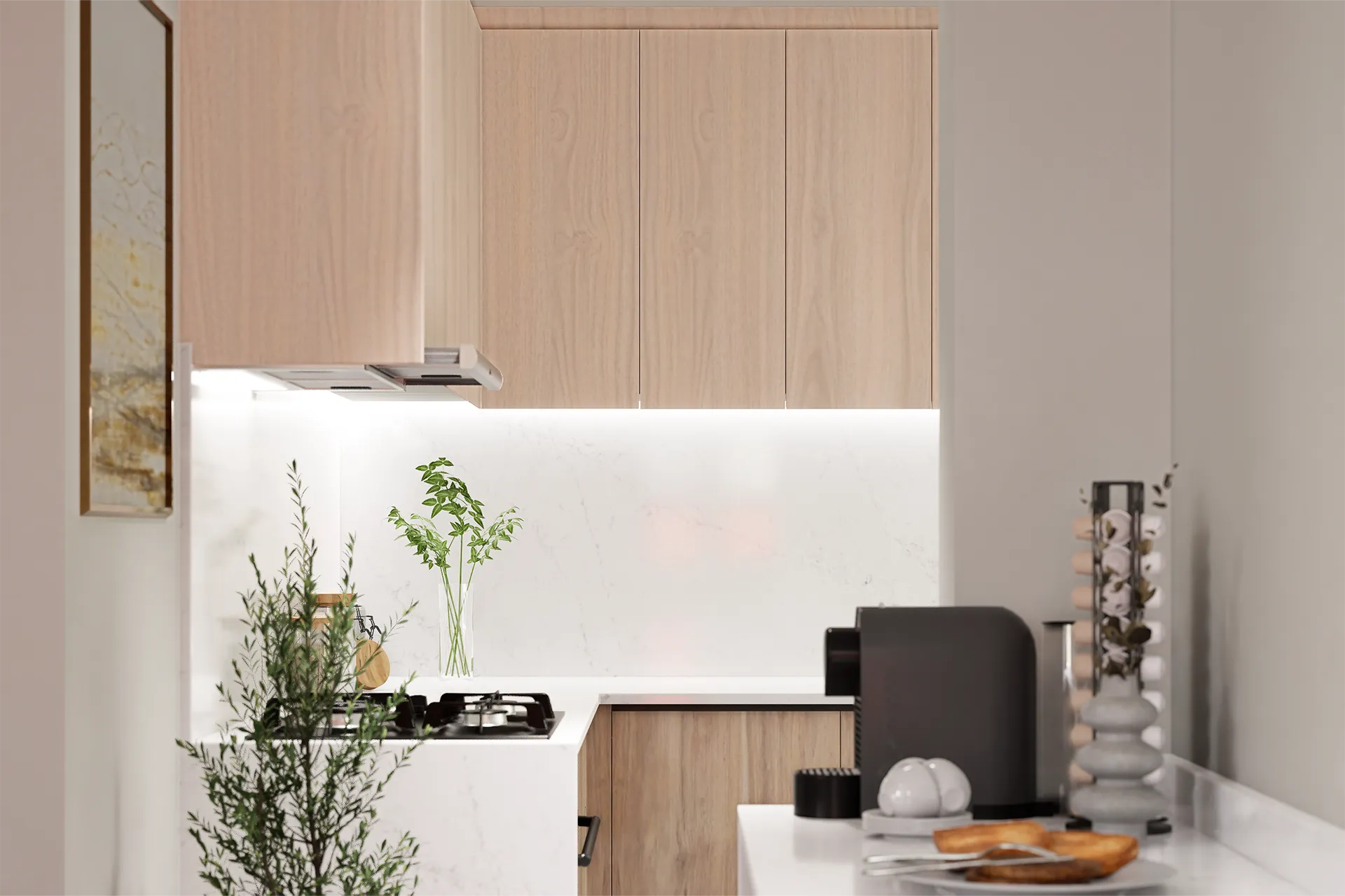 Detalle de encimera con iluminación bajo mueble, Cocina Las Araucarias