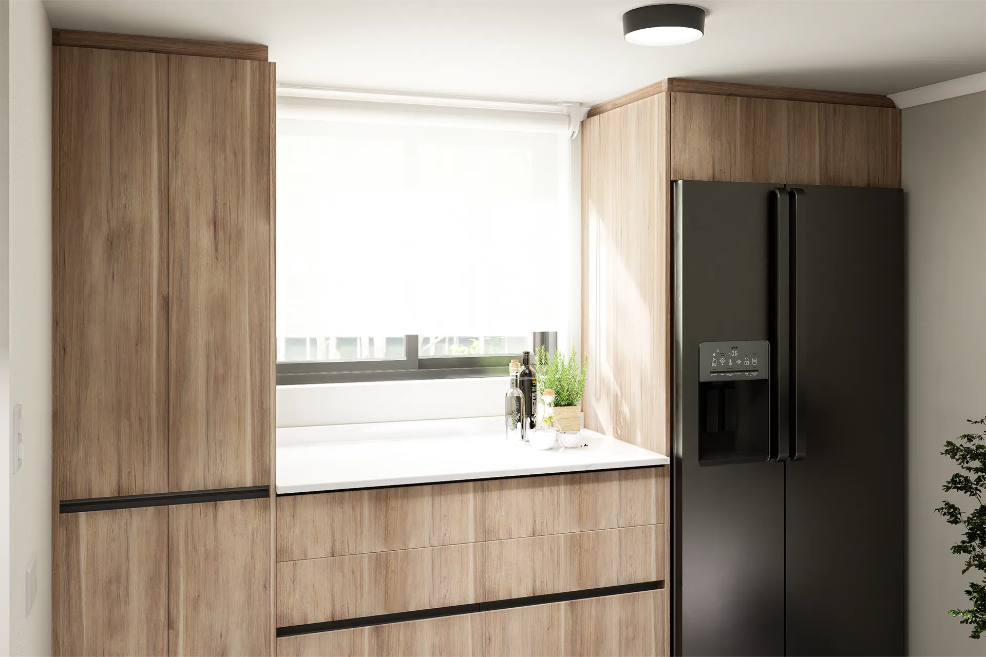 Refrigerador side by side integrado al mueble de madera, Cocina Las Araucarias