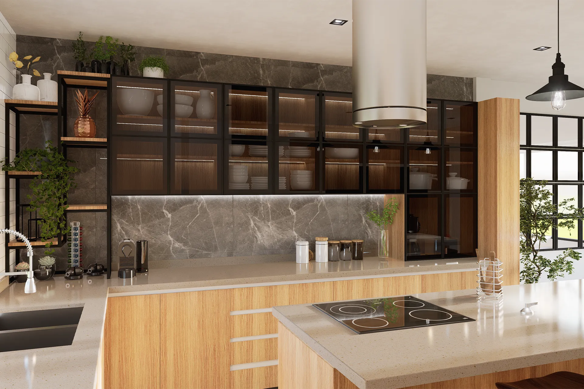 Vitrinas de piso a cielo y encimera de mármol, Cocina San José de Graneros