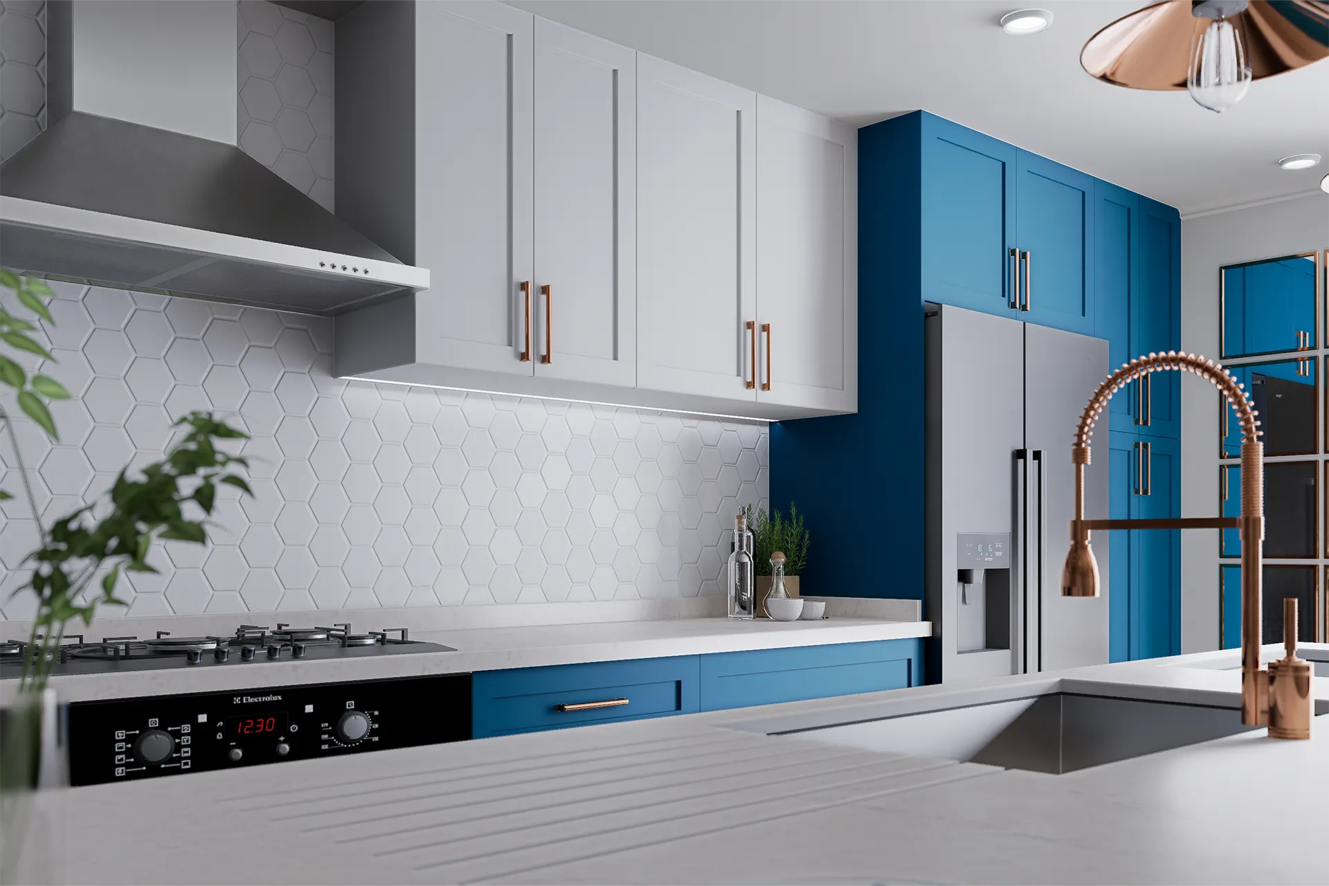 Encimera a gas con muebles navy y grifería de cobre, Cocina Santa Sofía