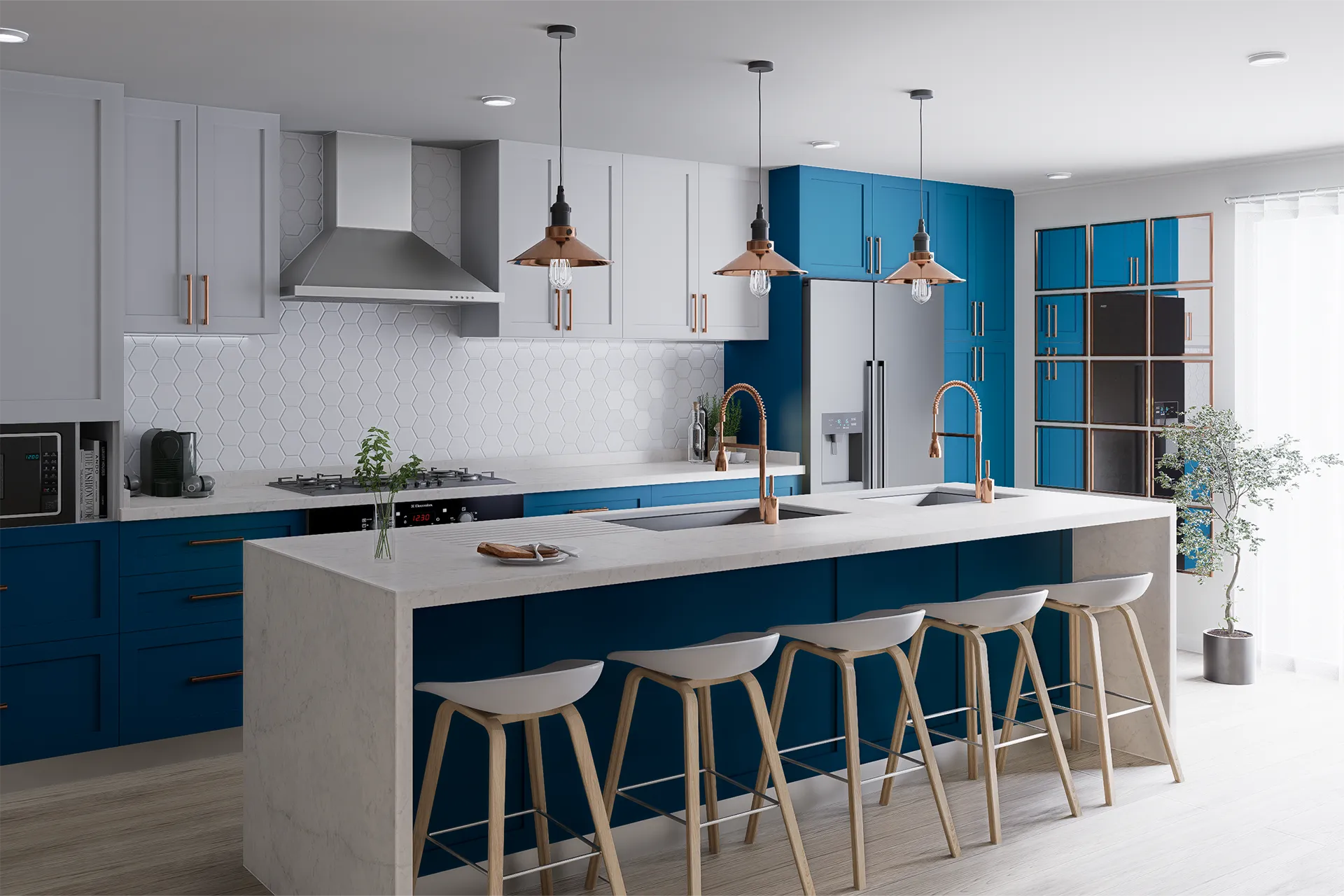 Isla con taburetes de madera y encimera de cuarzo, Cocina Santa Sofía
