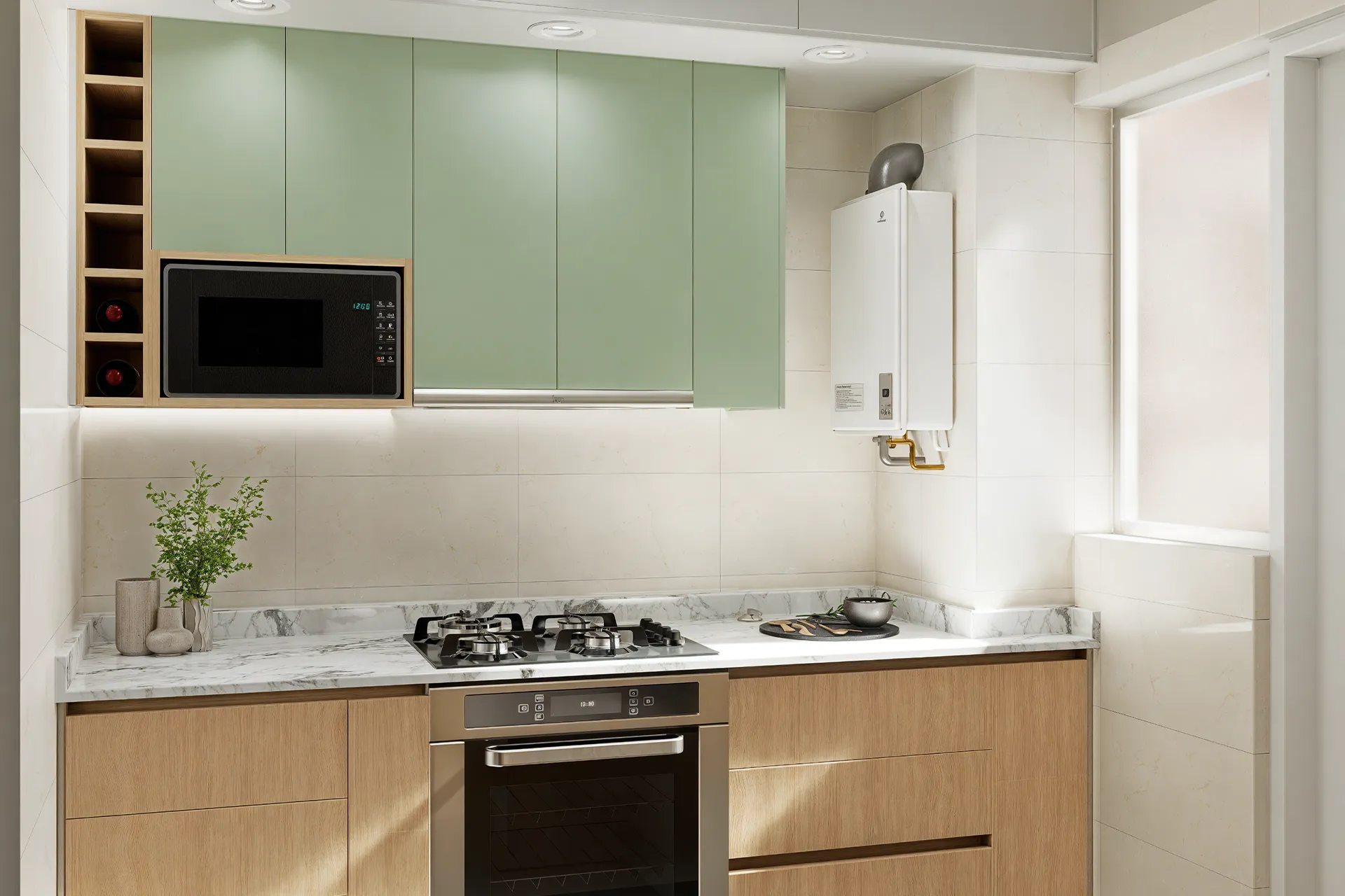 Cocina con muebles verde salvia, madera y encimera de granito, Departamento Contramaestre