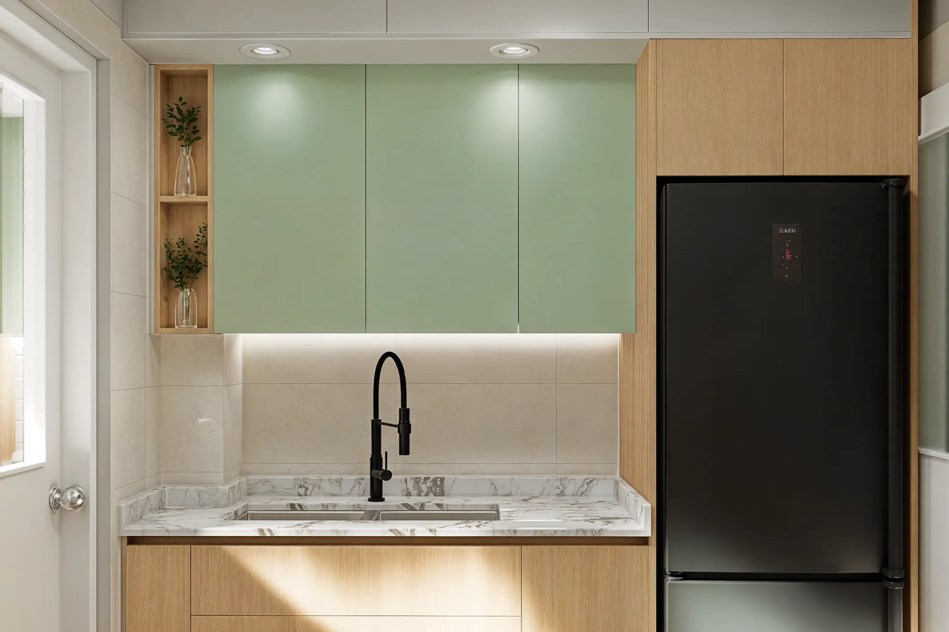 Cocina con refrigerador negro y nichos de madera, Departamento Contramaestre