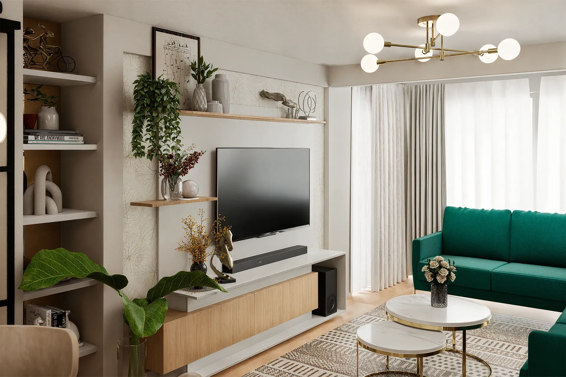 Mueble de TV con repisas a medida y sofá verde, Departamento Madreselva