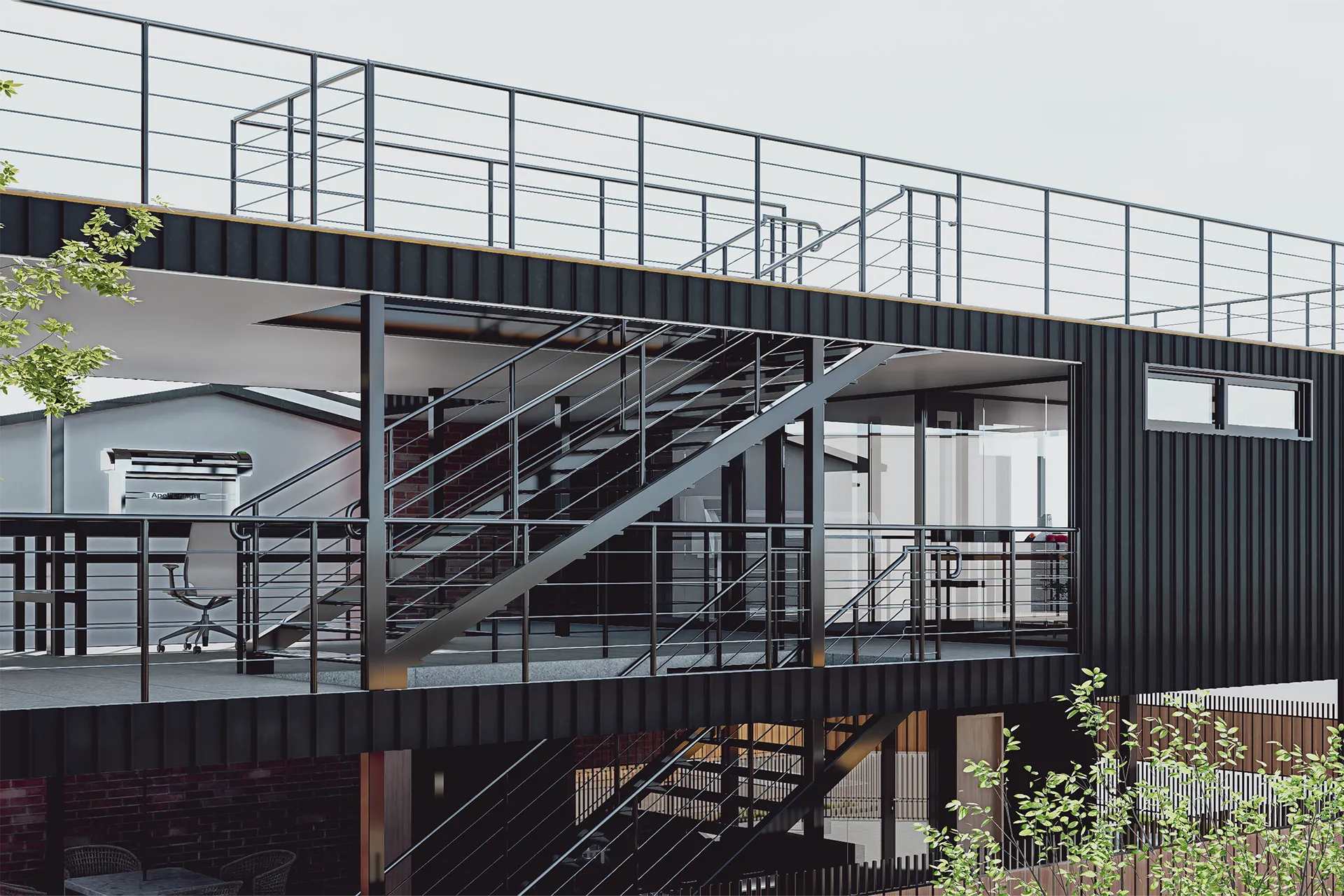 Detalle de escalera y pasarela metálica, Edificio Lazo