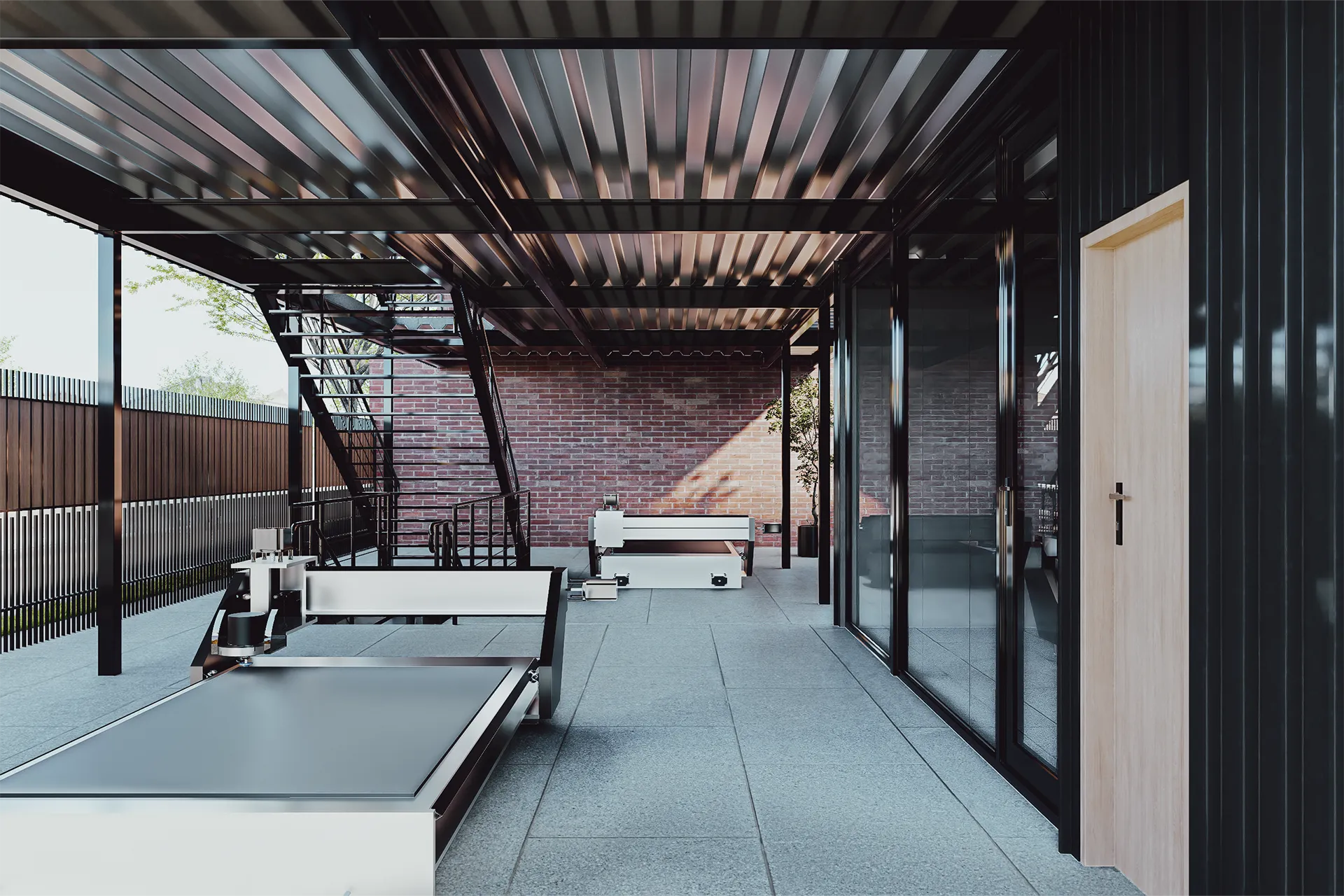 Terraza cubierta con estructura metálica y muro de ladrillo, Edificio Lazo