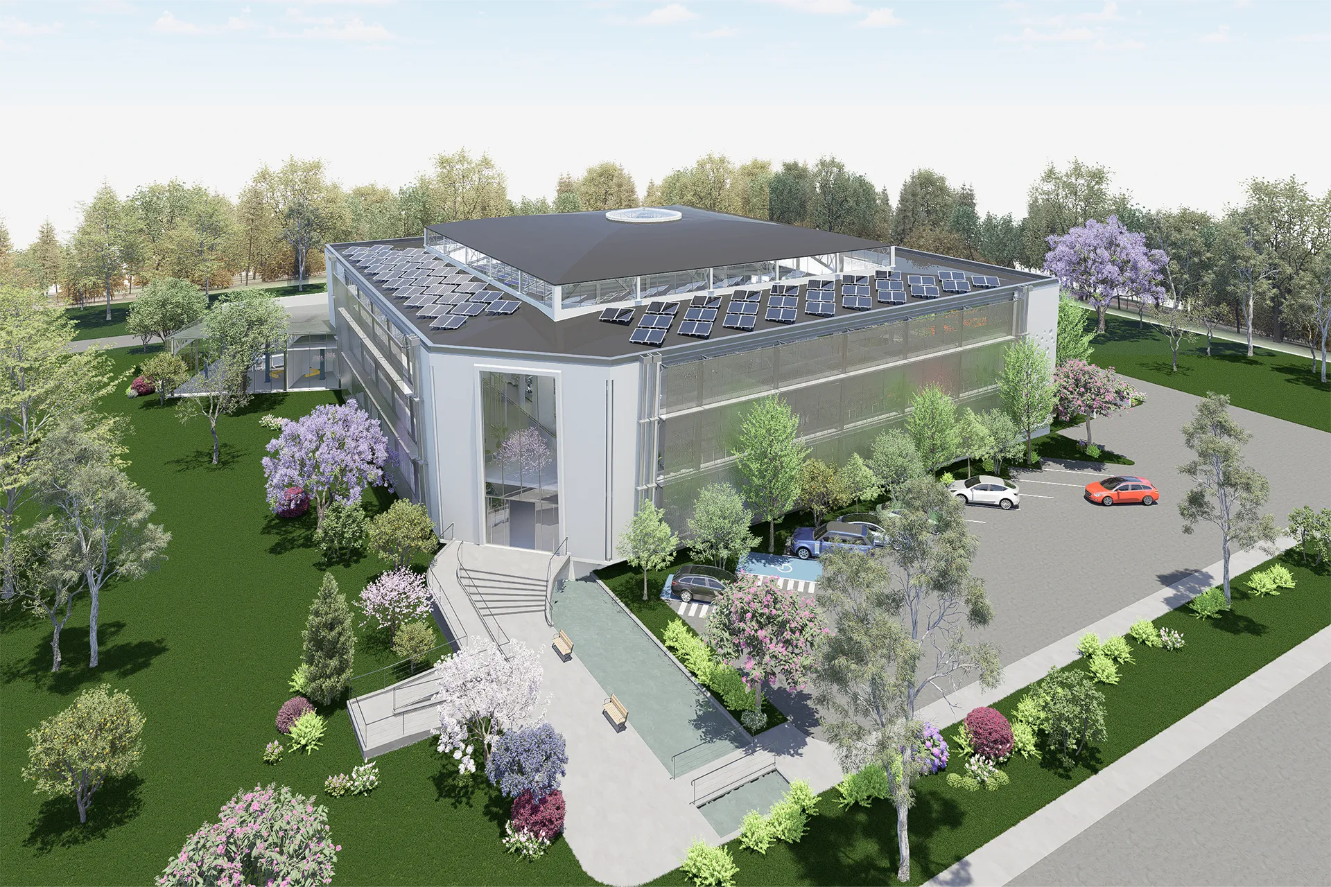Vista aérea del edificio industrial con paneles solares, Edificio Tagler