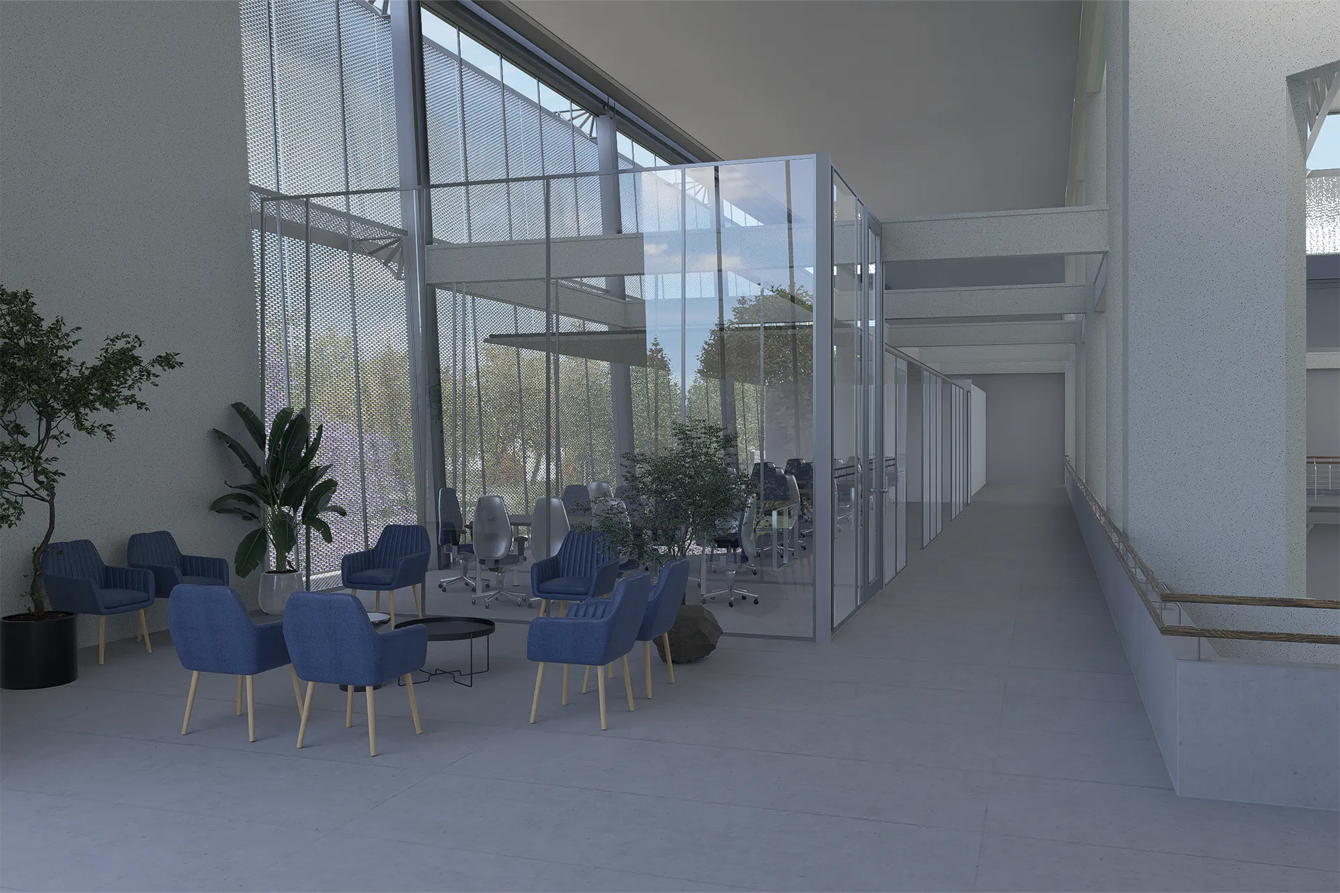 Sala de espera junto al muro cortina, Edificio Tagler