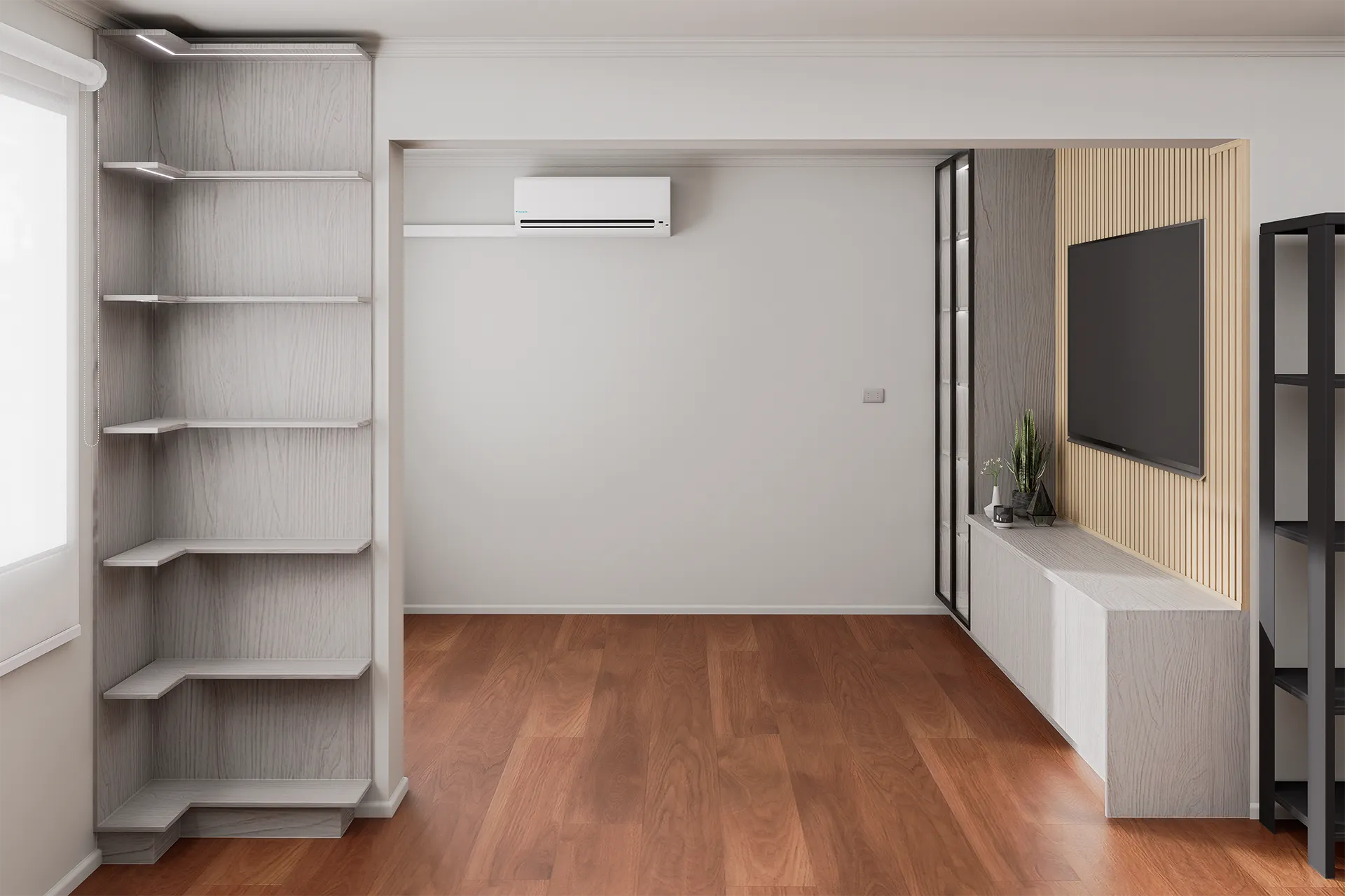 Estantería blanca y mueble bajo a medida en el living, Mueble TV Ciruelillo