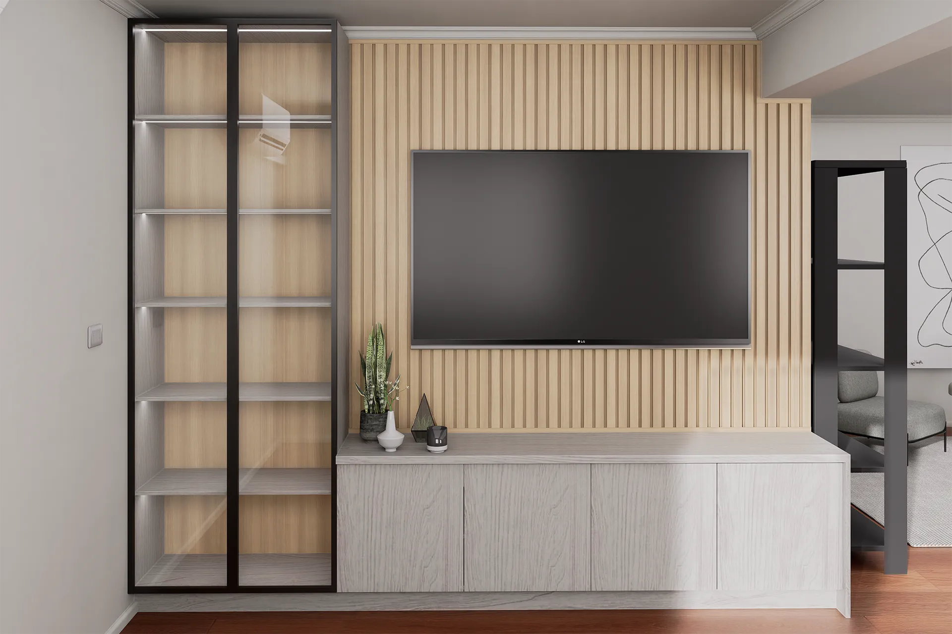 Mueble de TV con panel de listones y librero metálico, Mueble TV Ciruelillo