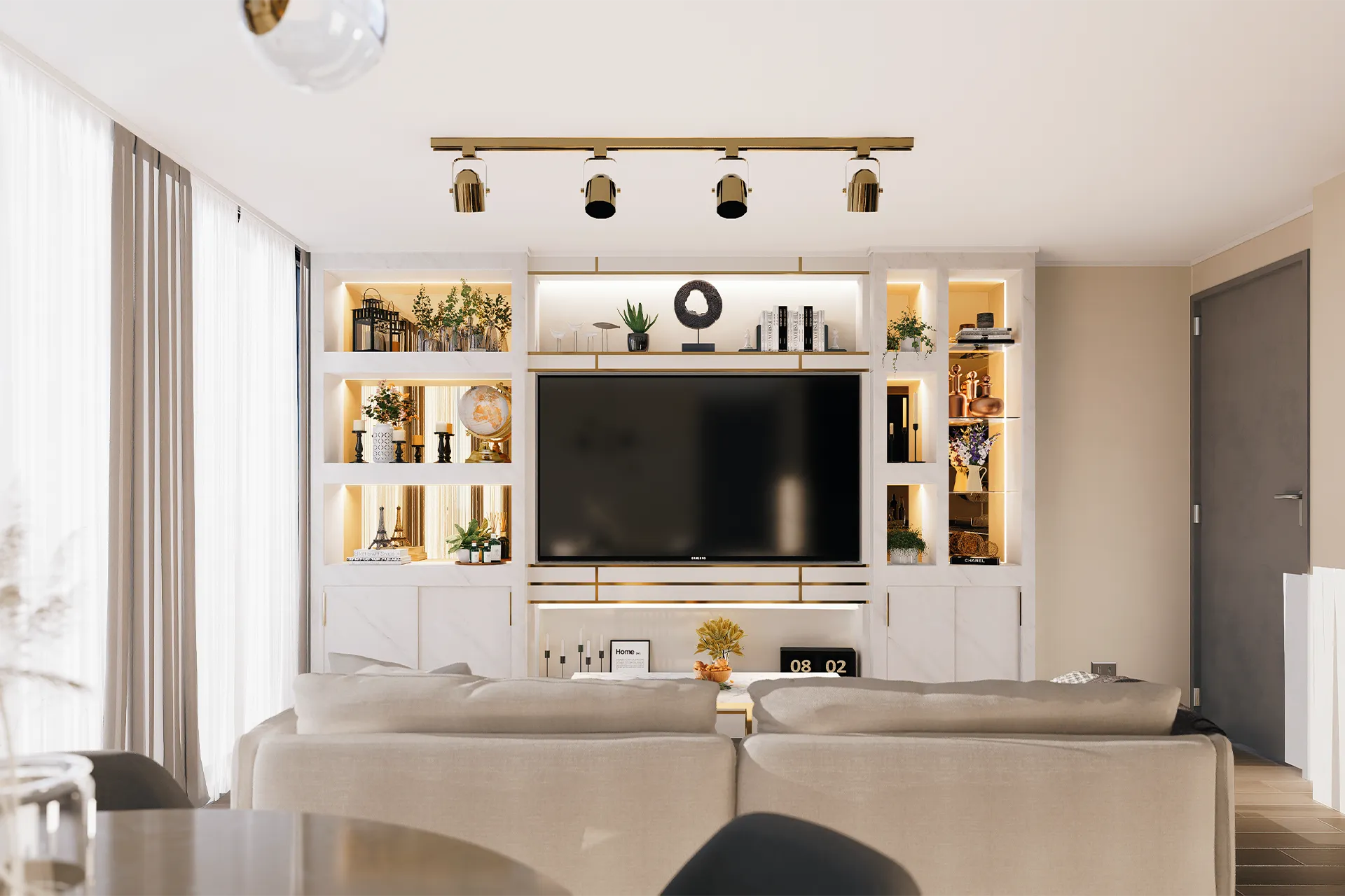 Mueble de TV con repisas iluminadas junto al sofá, Mueble TV Pirineos