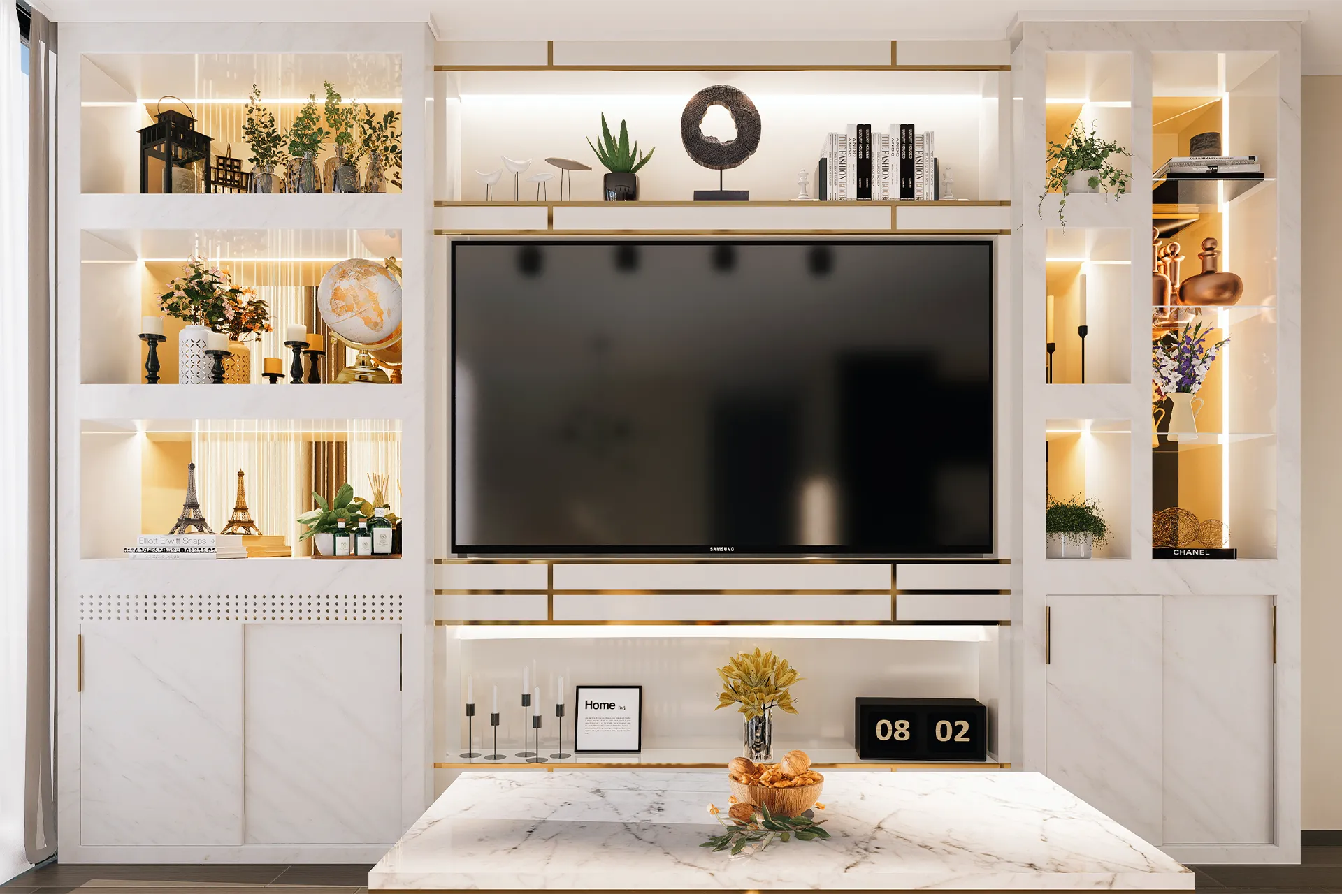 Mueble de TV con vitrinas iluminadas y encimera de mármol, Mueble TV Pirineos