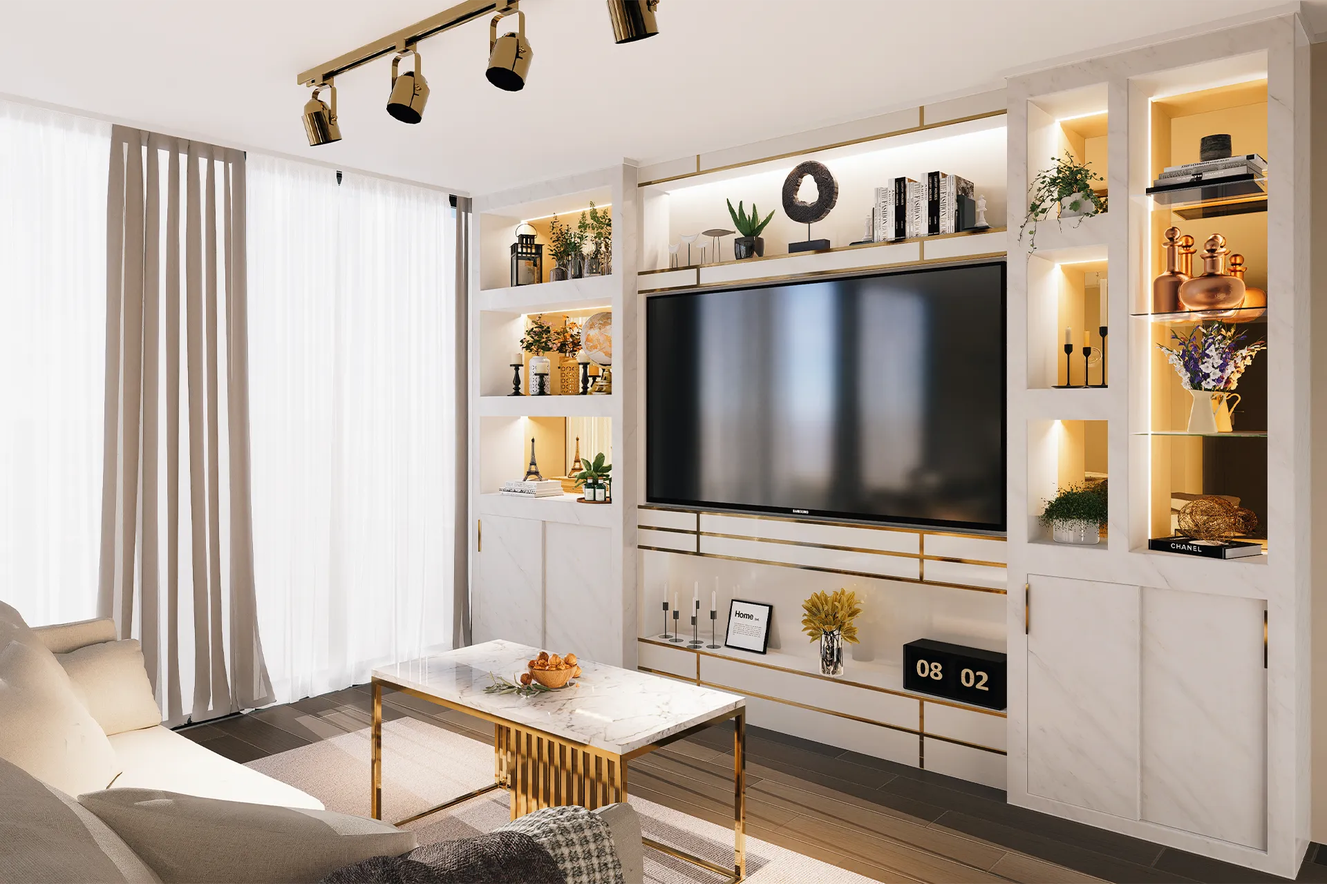 Mueble de TV blanco con nichos iluminados, Mueble TV Pirineos