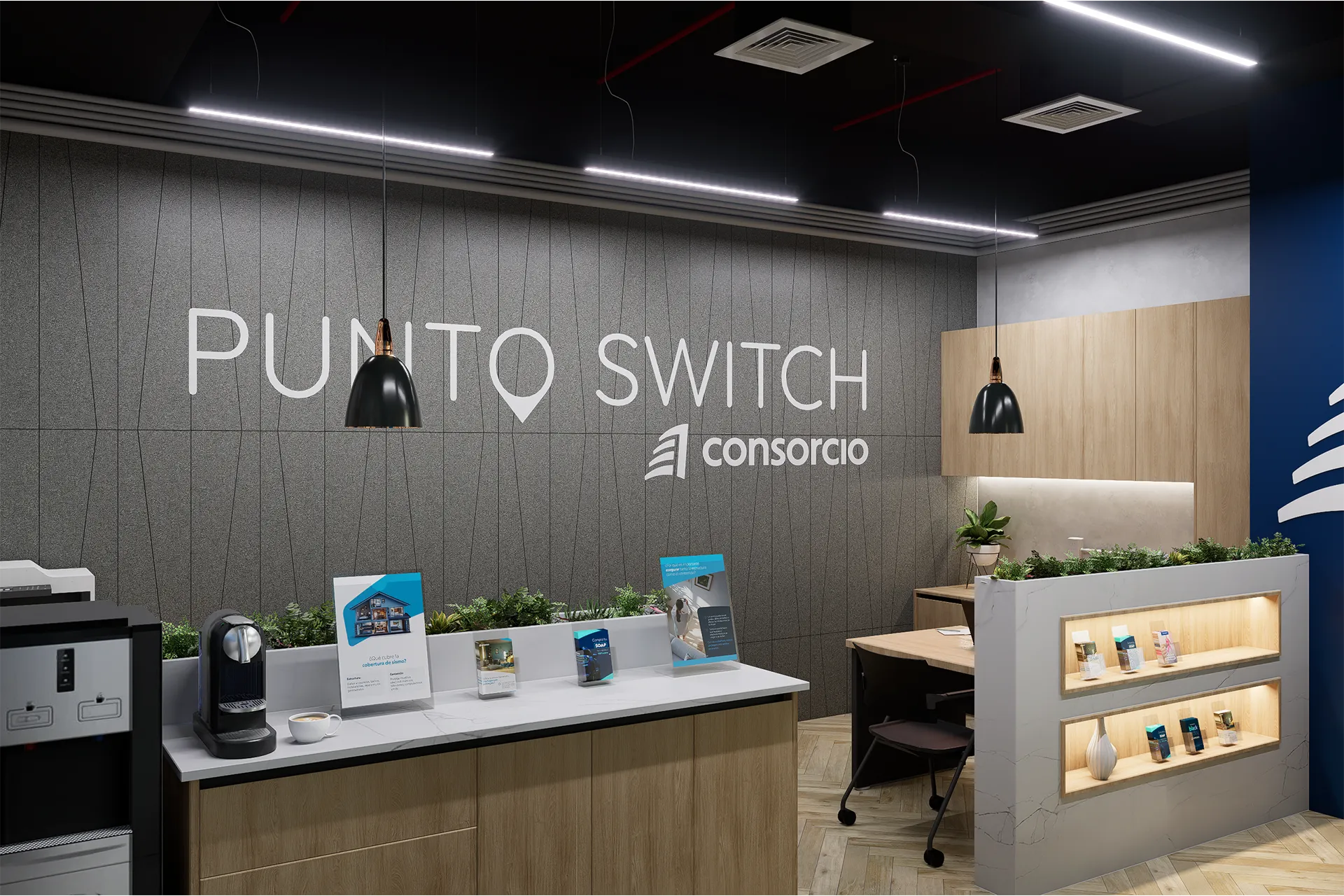 Mesón de atención con muro corporativo gris, Oficina Punto Switch