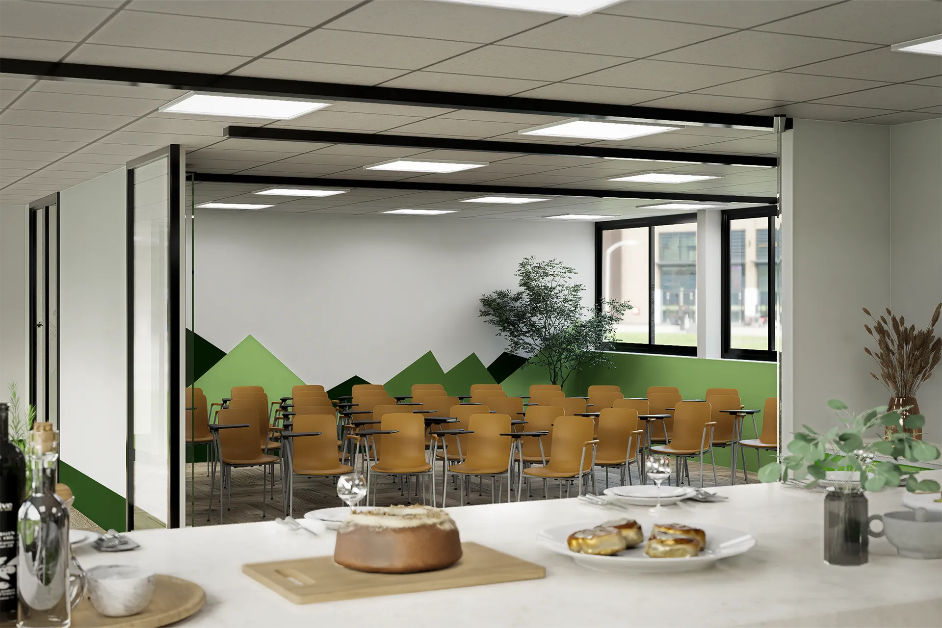 Comedor con arco verde y sillas de madera, Puerto Maderos