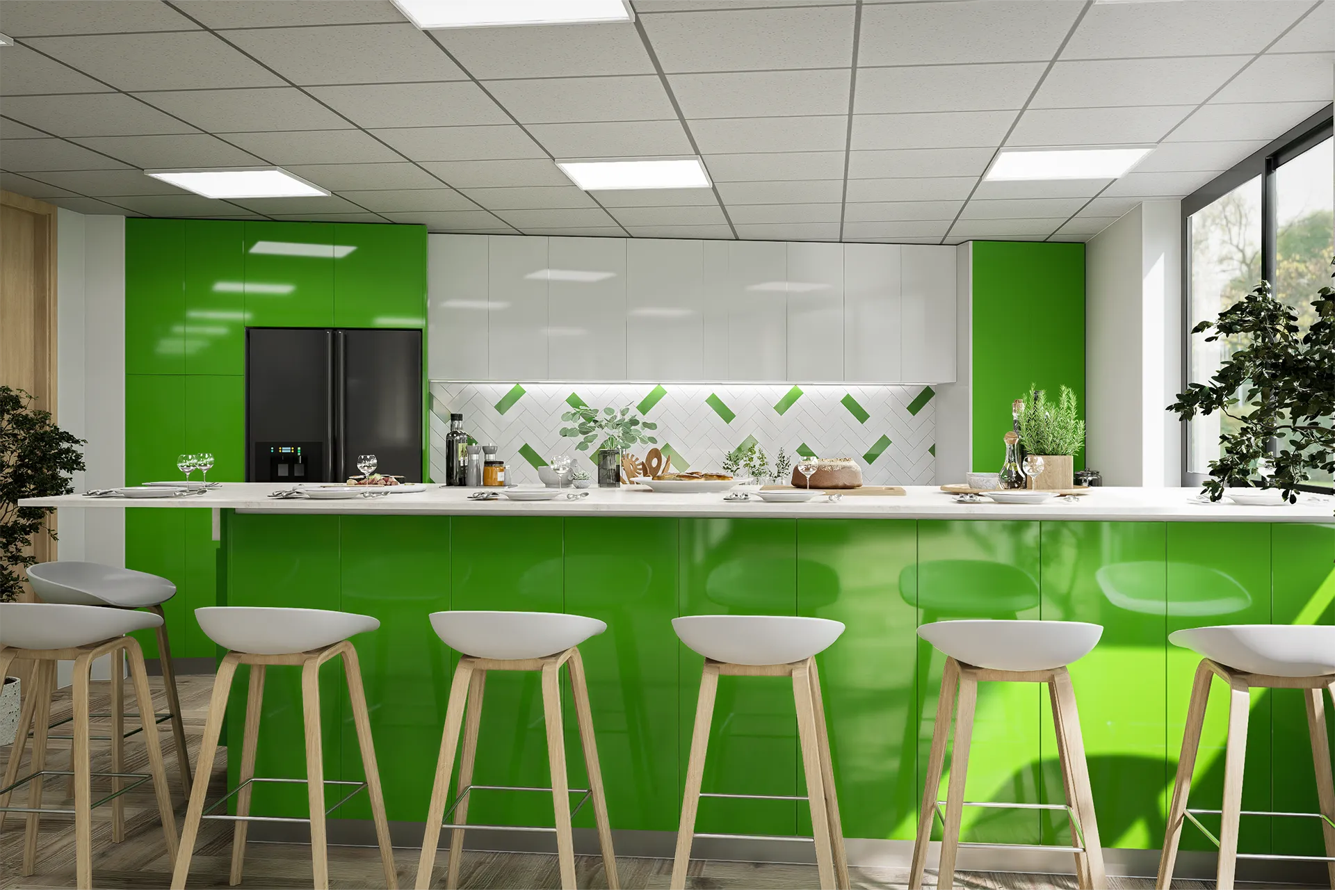 Kitchenette verde con refrigerador y encimera blanca, Puerto Maderos