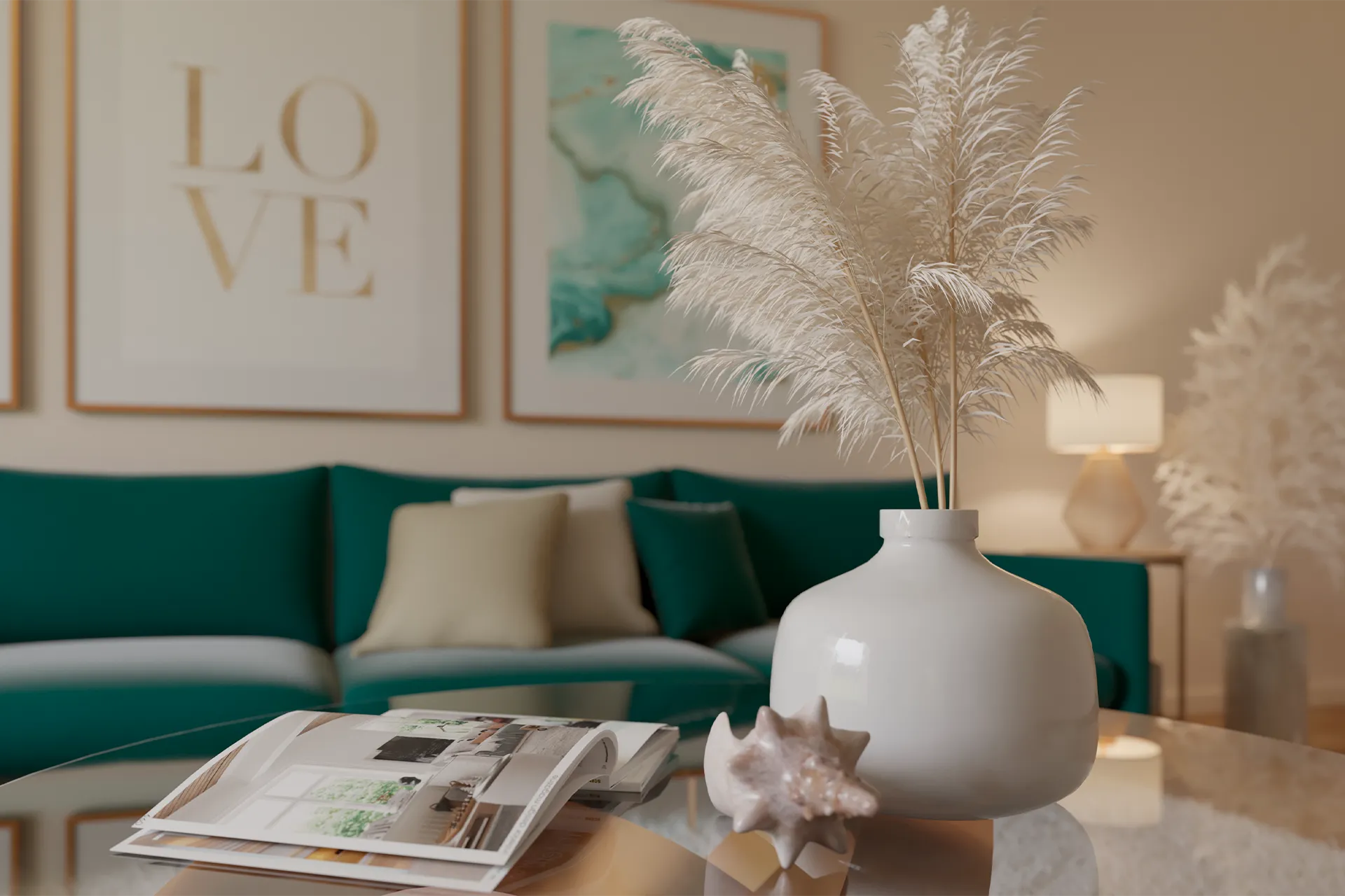 Detalle del sofá verde con jarrón y pampas, Sala Estar Sagaro