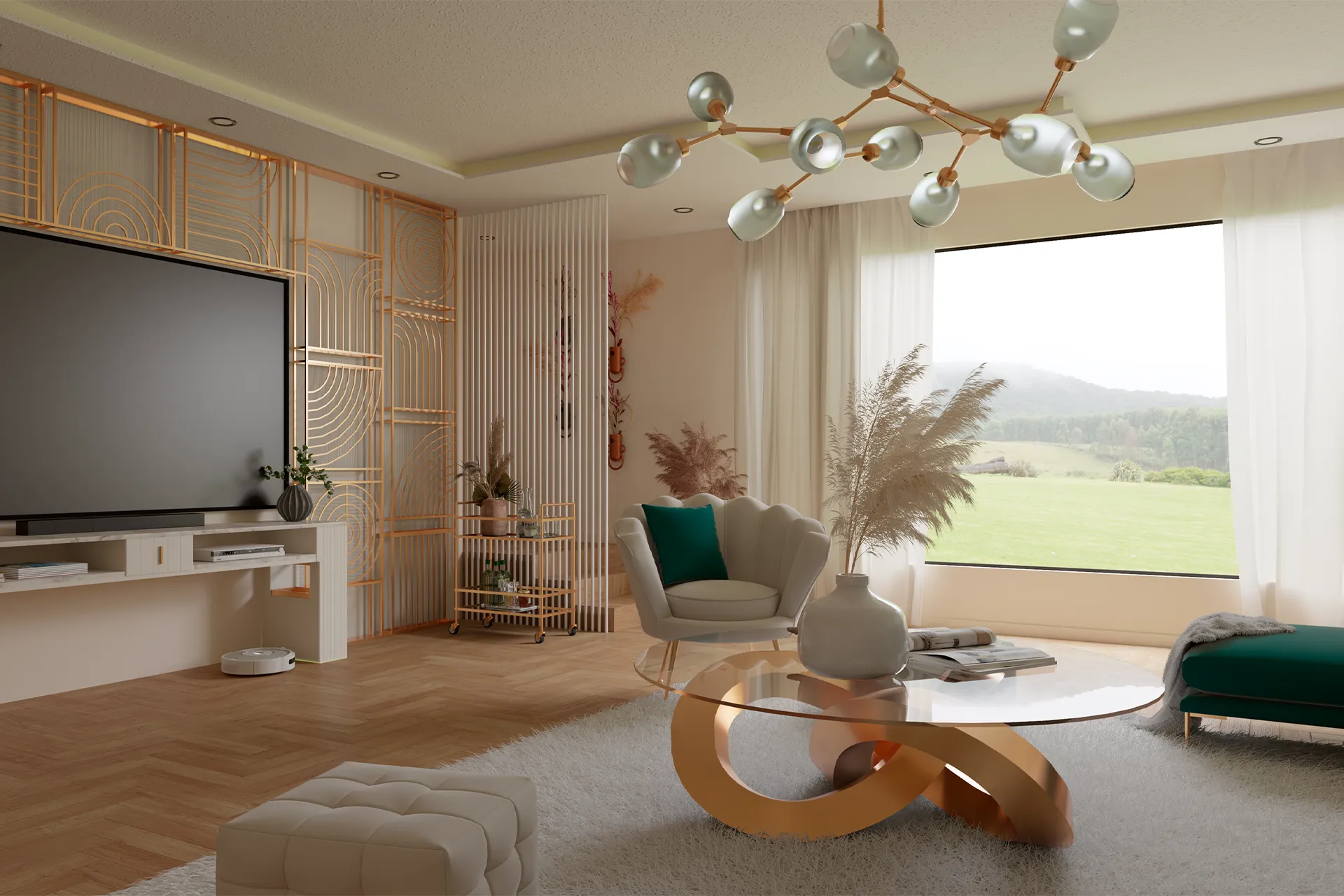 Mueble de TV con panel de listones y ventanal, Sala Estar Sagaro