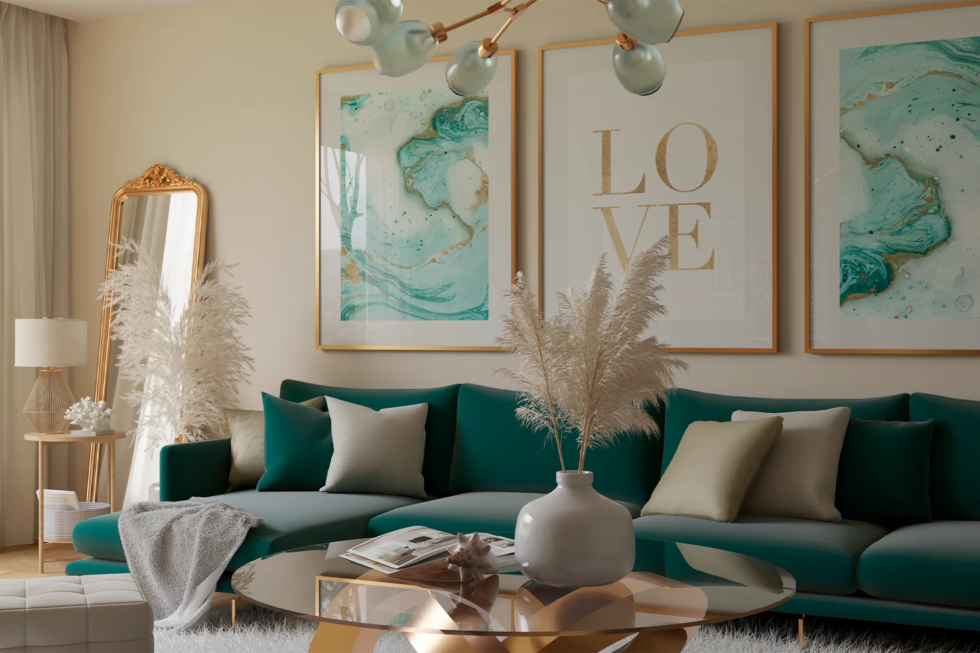 Sofá esquinero verde con cuadros y espejo dorado, Sala Estar Sagaro