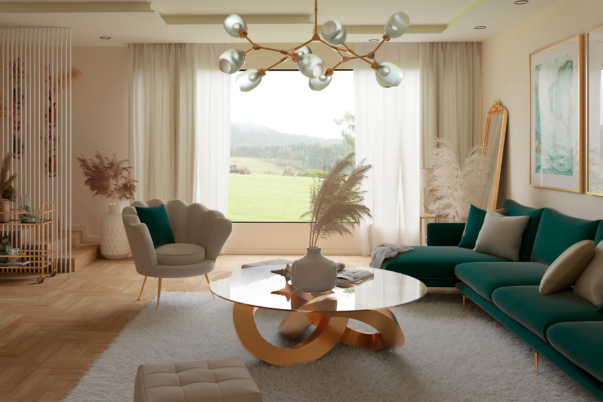 Living con ventanal y mesa de centro escultórica, Sala Estar Sagaro