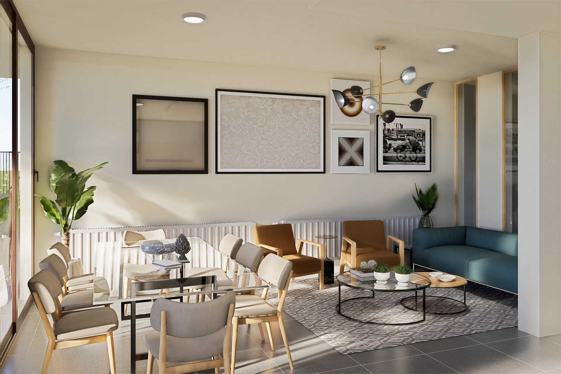 Sala de estar con sofá azul y mesa de centro, Salón de Eventos Gormáz